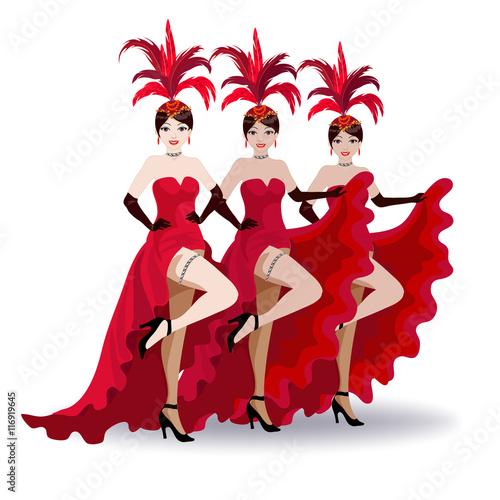 French cancan dancers of the Moulin Rouge. They have hats with feathers and red theatrical costumes.