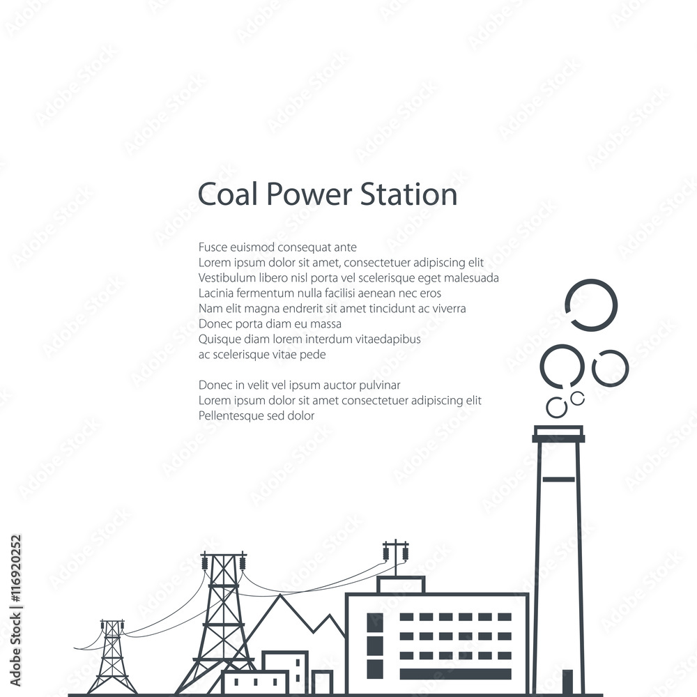 Coal Power Station Isolated on White Background, Complex Industrial Facilities with the Power Line, Coal Industry, Poster Brochure Flyer Design, Vector Illustration