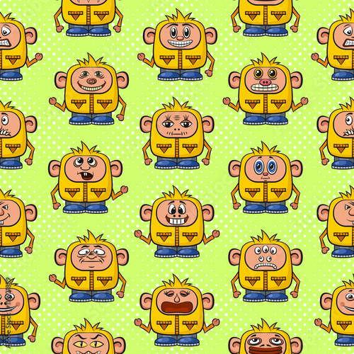 Seamless Background for Your Design with Cartoon Monsters in Overalls with Different Faces and Emotions, Colorful Tile Pattern with Cute Funny Characters. Vector