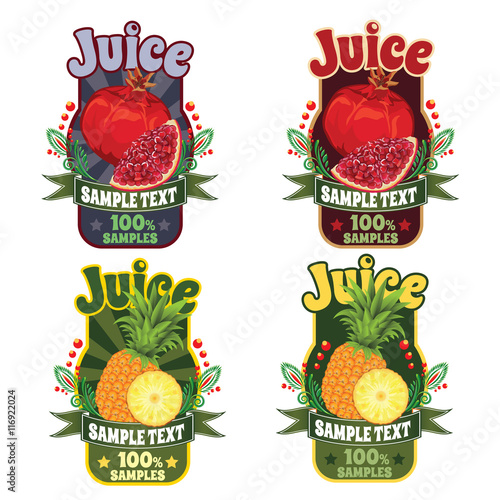 set of templates for labels of juice from the fruit of red garnet and pineapple