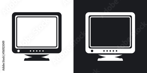 Vector Retro Computer Monitor icon. Two-tone version of Old Computer Monitor simple icon on black and white background