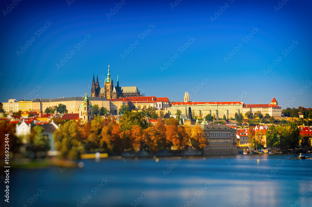 Prague Castle and Old City day view with blue sky, travel vivid autumn european background