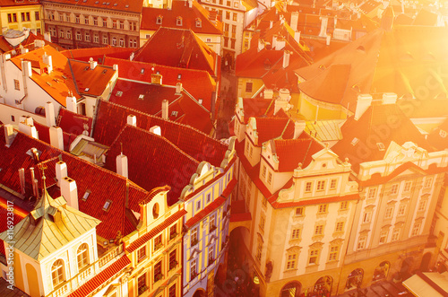 Red Prague roofs - view from the City Hall, travel european sunny background © Roxana