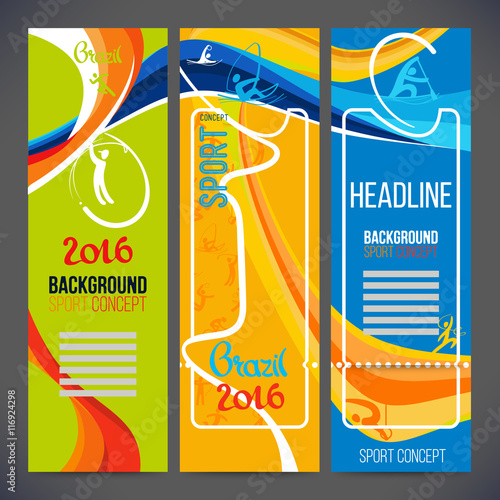 Vector composition of a wave of bands with different colors are intertwined including sport symbols.Concept brochure,web,page,leaflet,design sport banners 2016 year with sport logo element.