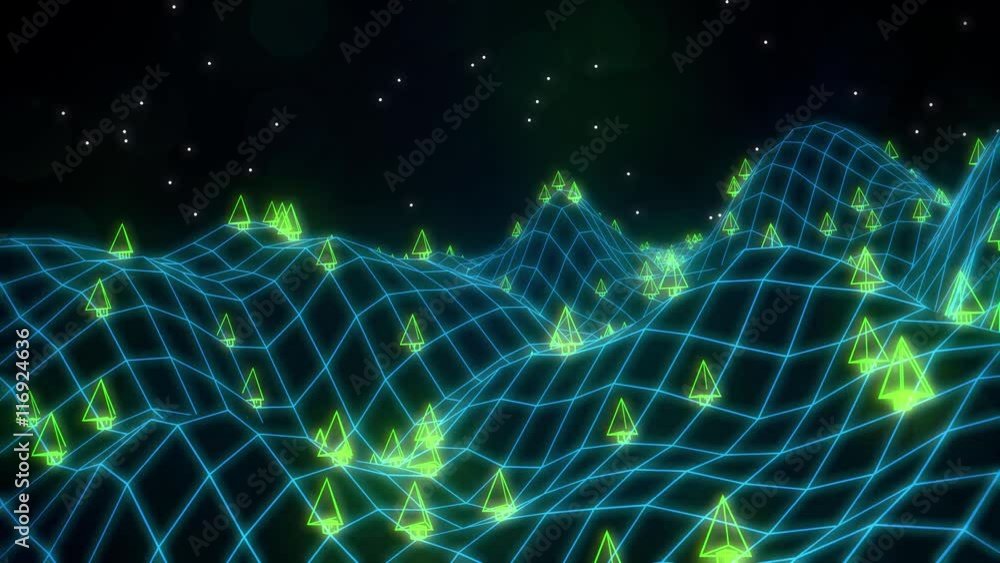 Retro video game 3d landscape vector arcade wireframe terrain 4k