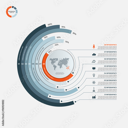 Circle infographic template with 8 options. Business concept. 