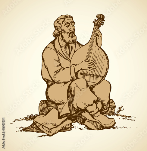 Vector drawing. Old Ukrainian musician plays the bandura