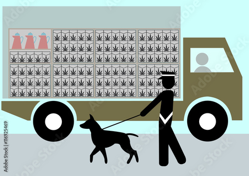 Illustration Drogenschmuggel; Marihuana; LKW; Grenze; Zoll; Transport; Spürhund; schnüffeln; Beladung; Versteck; schmuggeln; Import; Trip