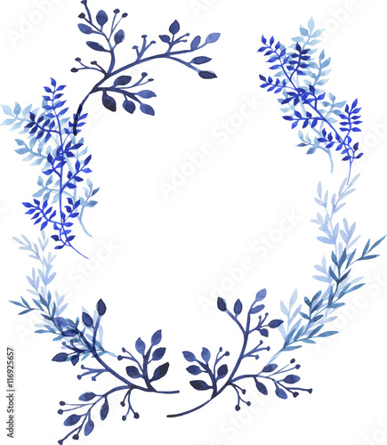 Wreath of blue flowers, leaves and branches. Greeting card or invitation. Hand drawn watercolor illustration.