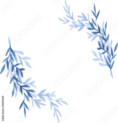 Set of blue branches with leaves. Greeting card. hand drawn watercolor illustration.