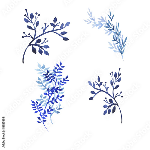 Set of blue branches and leaves on white background. Hand drawn watercolor illustration.
