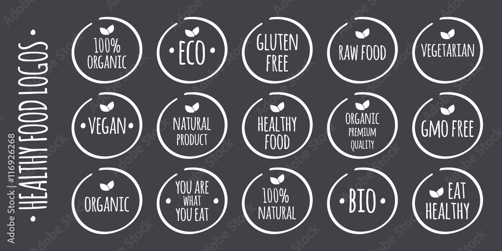 Vector white food logo on grey. 100% Organic, Eco, Gluten, GMO Free, Raw, Bio, Vegetarian, Vegan, Natural Product, Premium Quality, You are what you eat,  Eat Healthy symbols - obrazy, fototapety, plakaty 