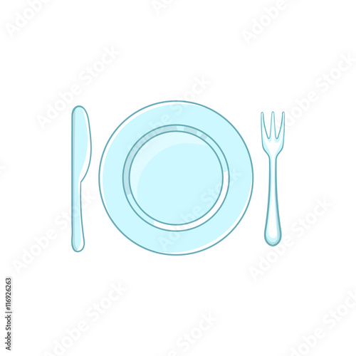 Place setting with empty dish fork and knife icon in cartoon style on a white background
