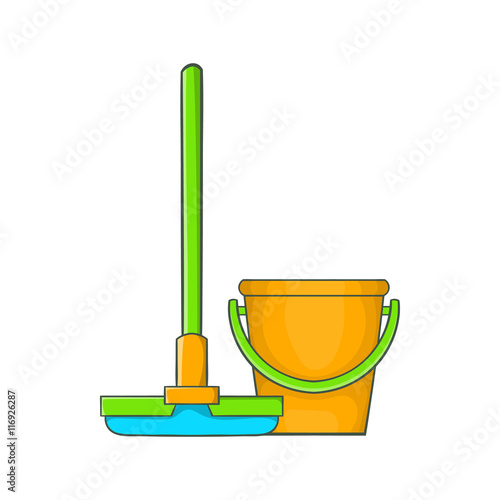Bucket with mop icon in cartoon style on a white background
