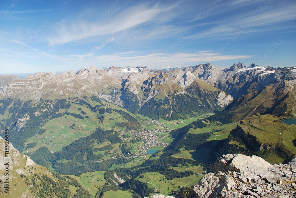 Fototapeta premium Engelberg aerial view and mountain panorama Swiss alps