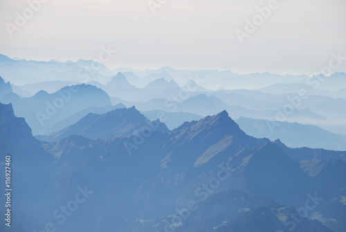 Mist in the Swiss alps panoramic view