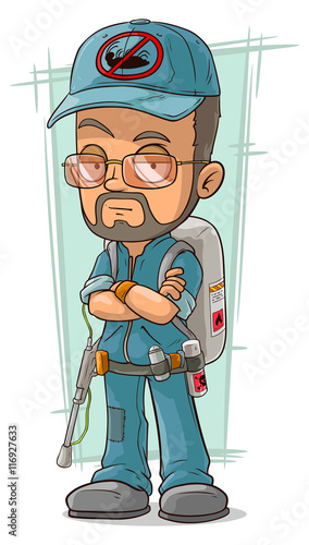 Cartoon bearded exterminator in blue uniform