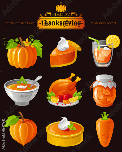 Vector illustration icon set with autumn and thanksgiving food and symbols on black background. Includes pumpkin vegetable, pie slice, orange juice, soup, roast turkey, apricot jam, cake, carrot.