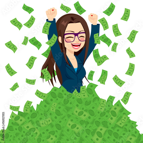 Happy super rich successful businesswoman raising from huge pile of green money bank notes