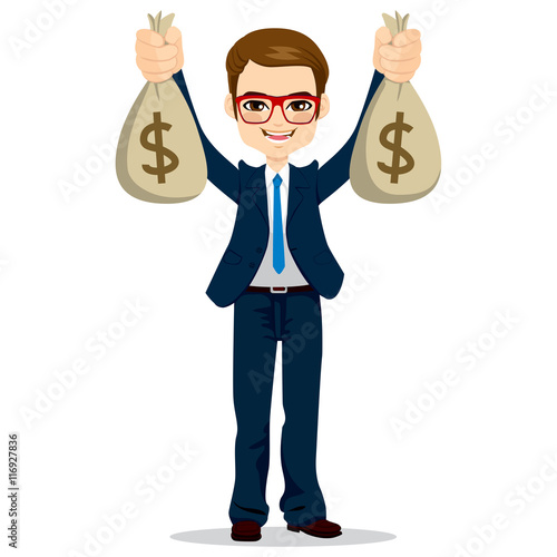 Young businessman wearing glasses and suit holding two big dollar money bags happy