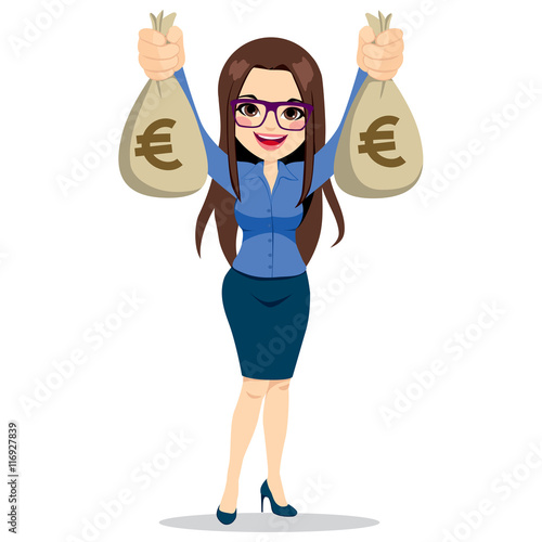 Beautiful businesswoman wearing glasses and suit holding two big euro money bags happy