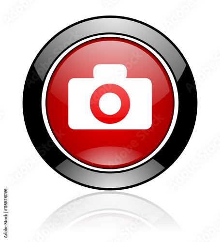 Red and black glossy round photo vector icon. Modern design circle camera button.