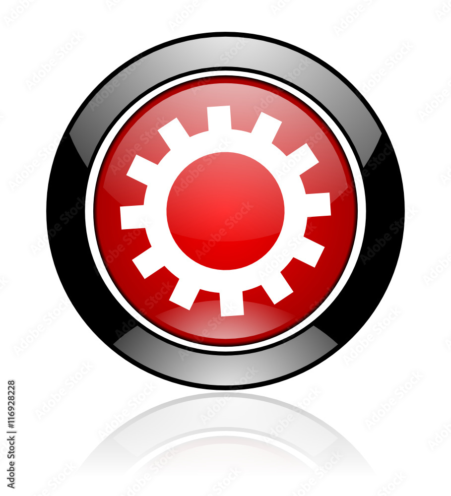 Modern design red and black glossy round web gear vector icon Modern design red and black glossy round web gear vector icon