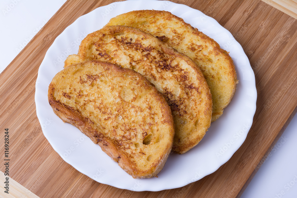 Fried bread slices. Bulgarian breakfast.