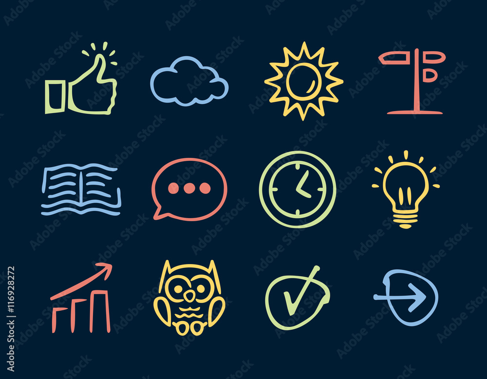 Collection of hand drawn business icons. Thumb up. Education. Navigation. Doodle. Simple cartoon vector illustration. Collection of hand drawn business icons. Thumb up. Education. Navigation. Doodle. Simple cartoon vector illustration.