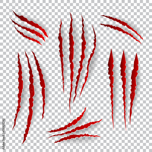 Realistic claw scratches. Vector set on plaid background