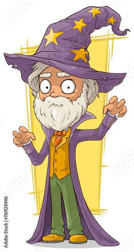 Cartoon old bearded wizard in big hat