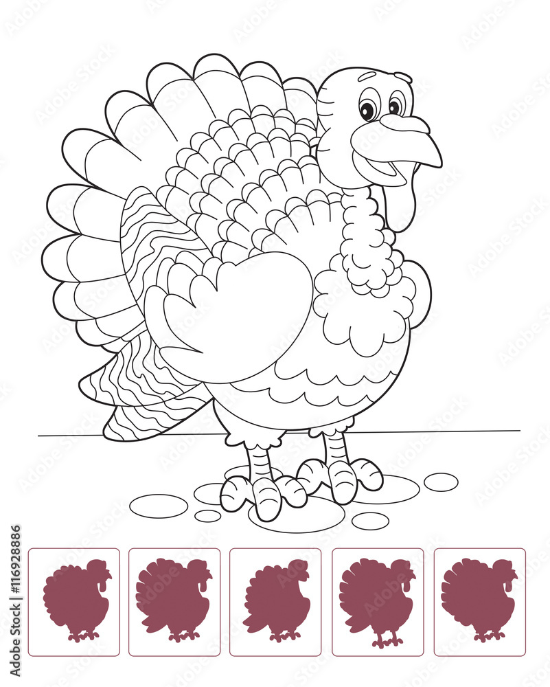 Cartoon turkey - coloring page with shadow matching - isolated - illustration for the children Cartoon turkey - coloring page with shadow matching - isolated - illustration for the children