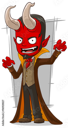 Cartoon red devil in brown cape