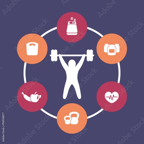 aspects of weightlifting, round icons set, vector illustration