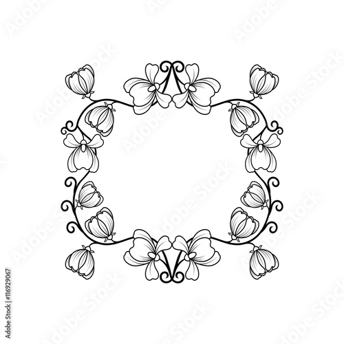 Black square frame with line art flowers for wedding design. Vector illustration