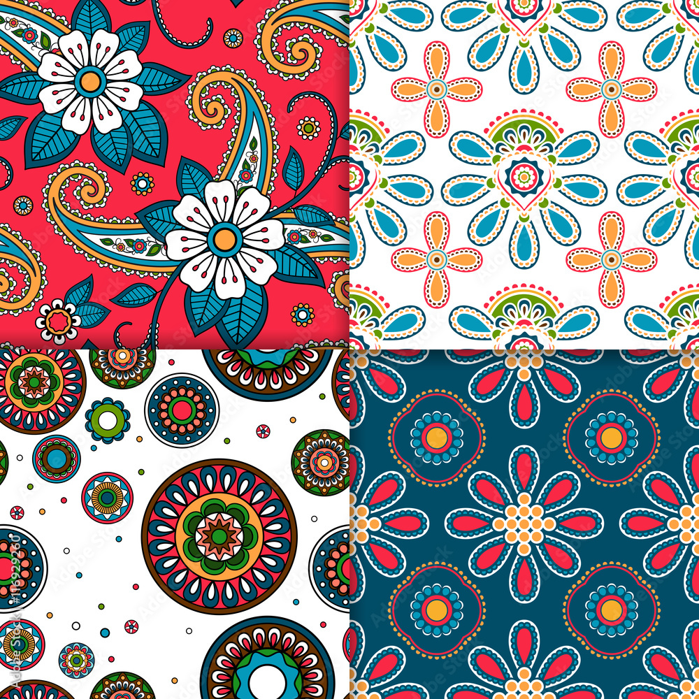 Fotografie Indian colorful floral pattern set. Vector illustration