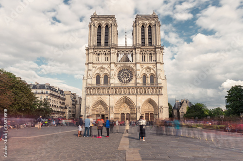 Notre Dame de Paris. France. Ancient catholic cathedral on the quay of a river Seine. Famous touristic architecture landmark in summer 