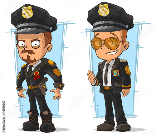 Set of cartoon cops in black uniform
