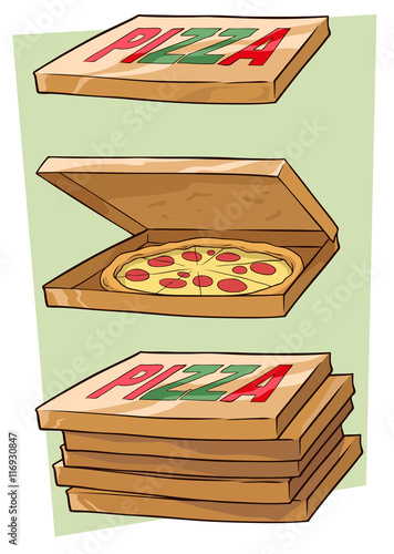 Set of cartoon cool pizza and box