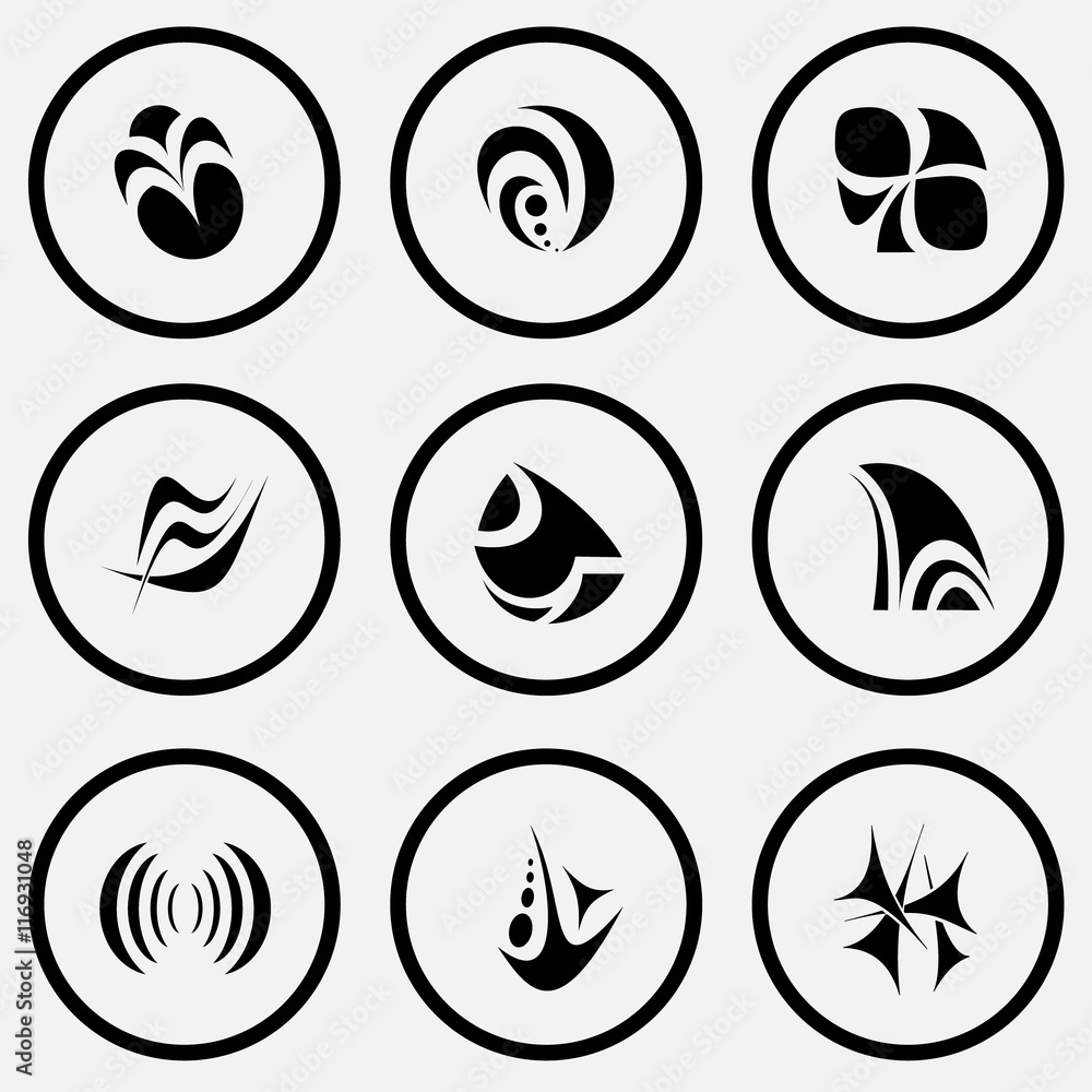 9 images of unique abstract forms. Black and white set vector ic 9 images of unique abstract forms. Black and white set vector ic