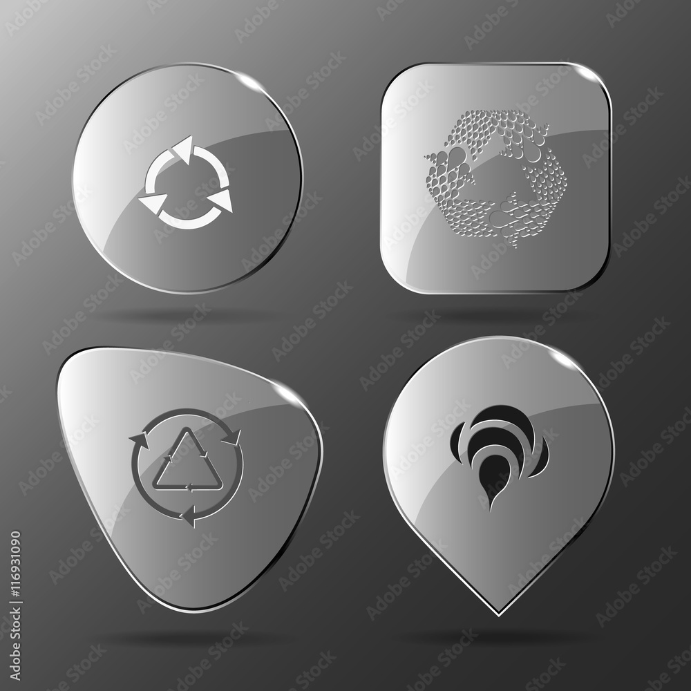 4 images: recycle symbol, recycle symbol, bee. Nature set. Glass 4 images: recycle symbol, recycle symbol, bee. Nature set. Glass