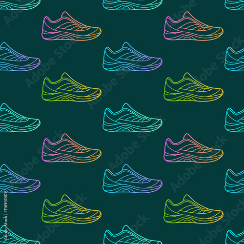 Seamless pattern made of sneakers on ark green background