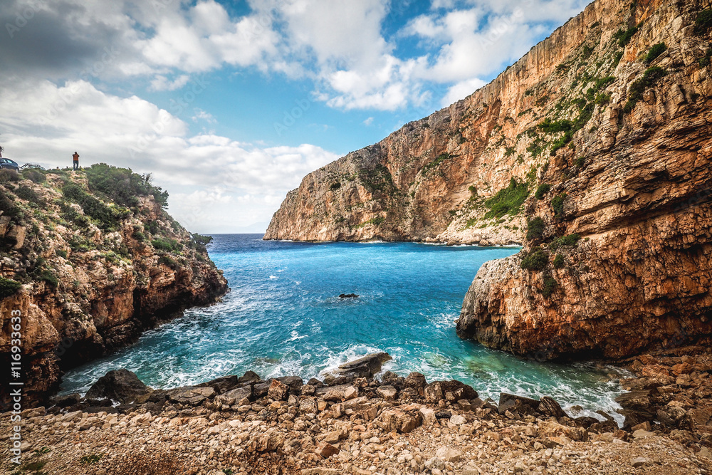 Fototapeta premium Greece beach in Zakynthos with iconic blue waters and summer sky