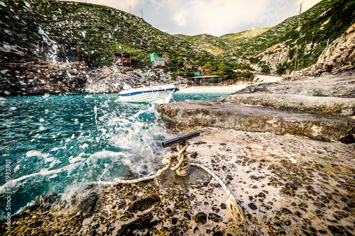 Porto Vromi beach Zakynthos island, Greece at sunset. Dramatic a photo