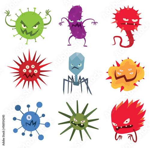 Cartoon viruses characters vector set.