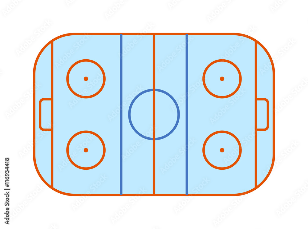 Overhead view an ice hockey rink complete with markings. Stadium cold arena  white ice hockey field surface competitive match. Winter play team game ice  hockey field design professional skate vector. Stock Vector