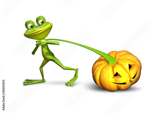 Fototapeta Naklejka Na Ścianę i Meble -  3d illustration of a frog pulling a pumpkin