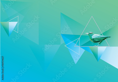 Blue and green colored wallpaper with geometric triangular abstract shapes and bird decoration