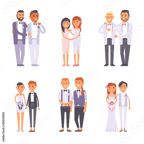 Wedding gay couples vector set.