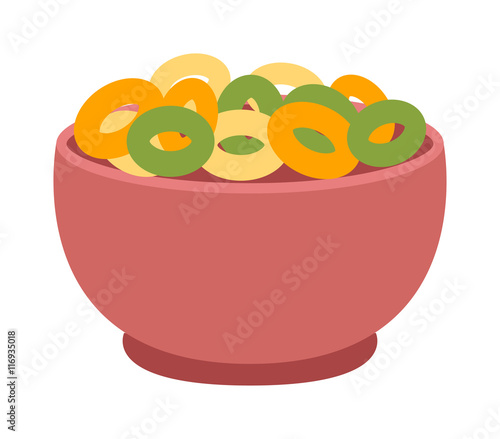 Cereals plate bowl of oat flake isolated on white background. Cold cereal isolated on white background. Detailed vector icon. Food cereals plate organic corn fresh tasty ingredients for cooking.